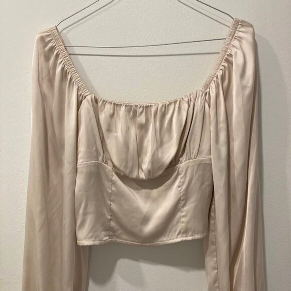 Dynamite Ivory Cream Ruched Satin Long Sleeves Blouse with Buttoned Cuffs - Picture 3 of 5